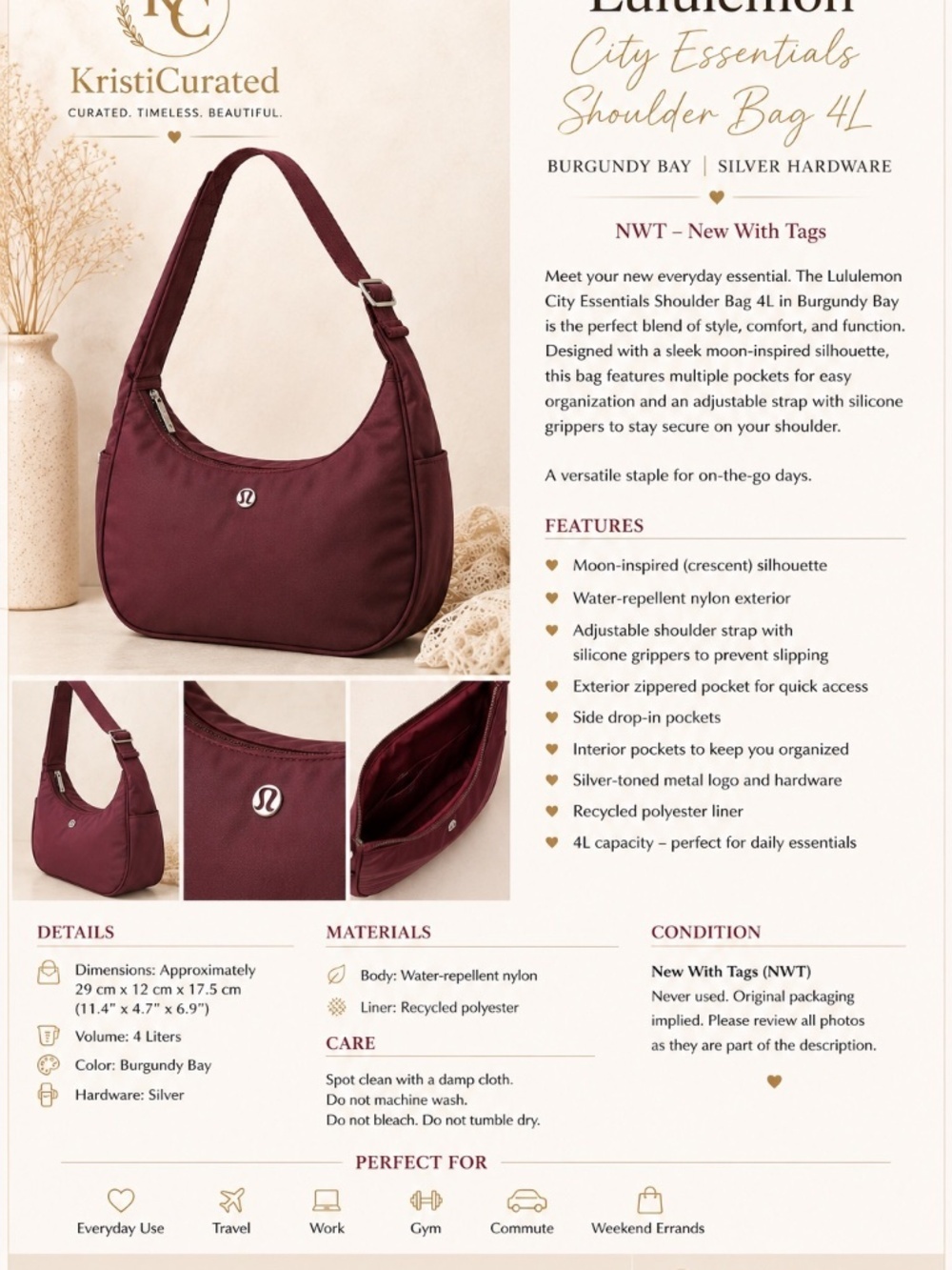 🤎Lululemon City Essentials Shoulder Bag 4L Burgundy Bay NWT Sold Out - Picture 2 of 7